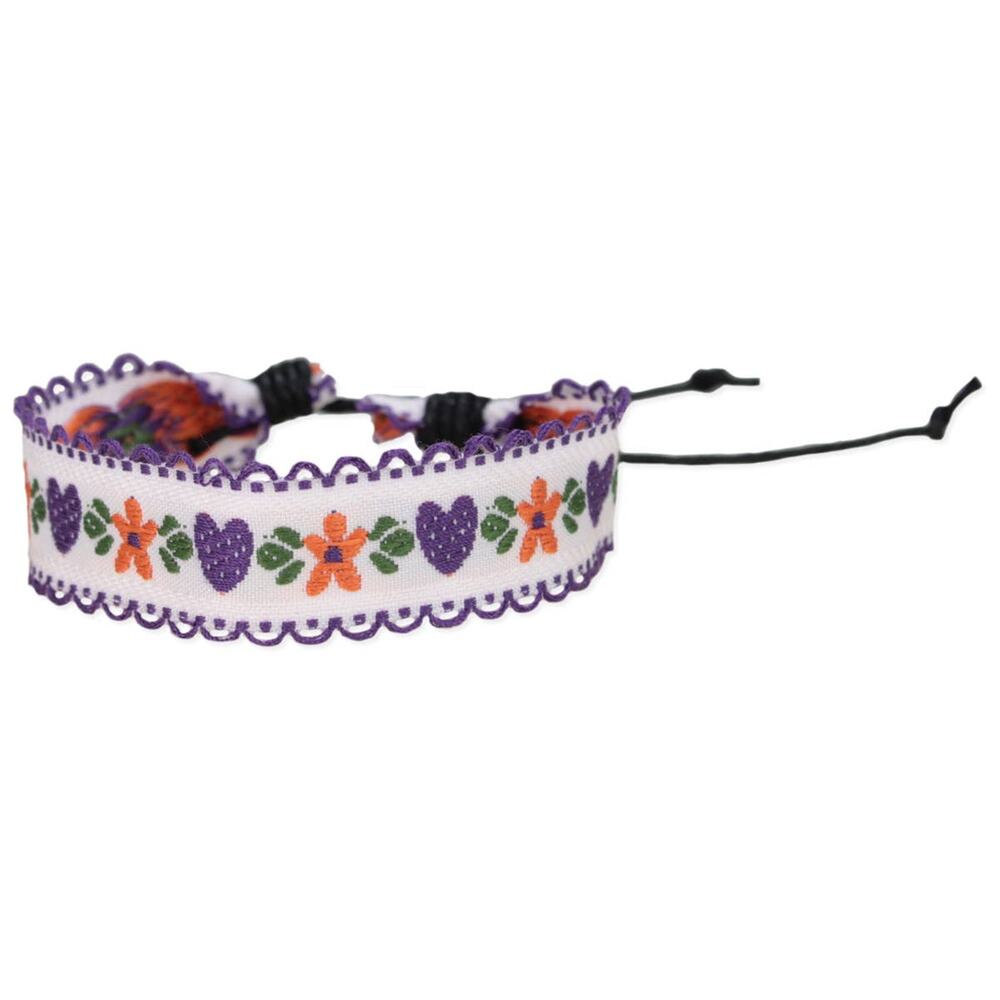 White Floral Embroidered Pull Bracelet Heart Flower Purple